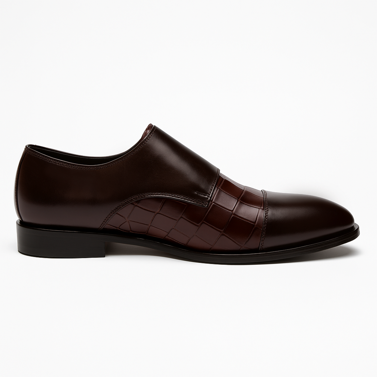 Handmade Brown Crocodile Embossed Leather Double Monk Strap Shoes for Men