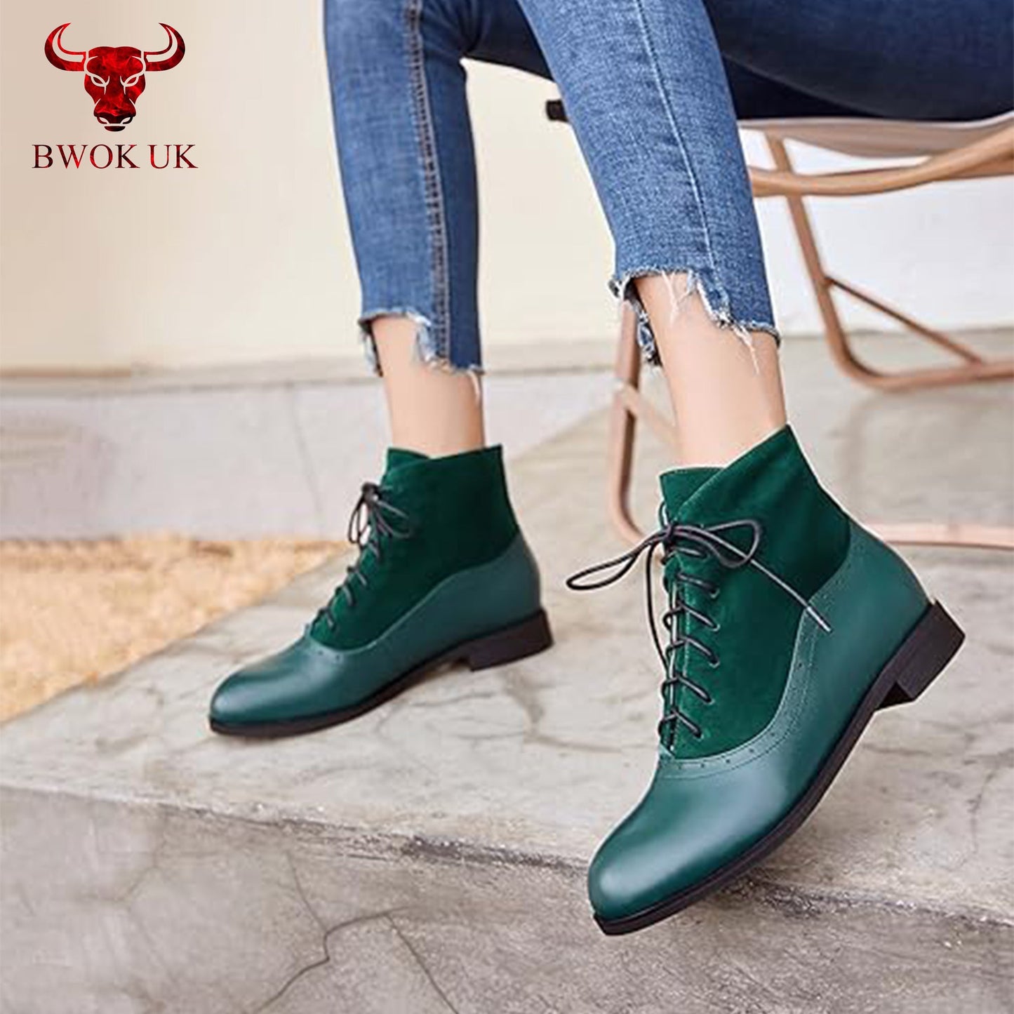 Women’s Green Leather & Suede Ankle Boots