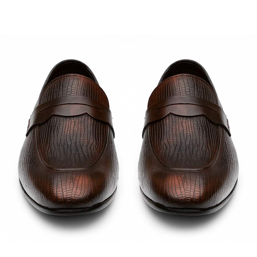 Handmade Brown Textured Leather Penny Loafers for Men