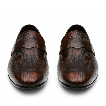 Handmade Brown Textured Leather Penny Loafers for Men