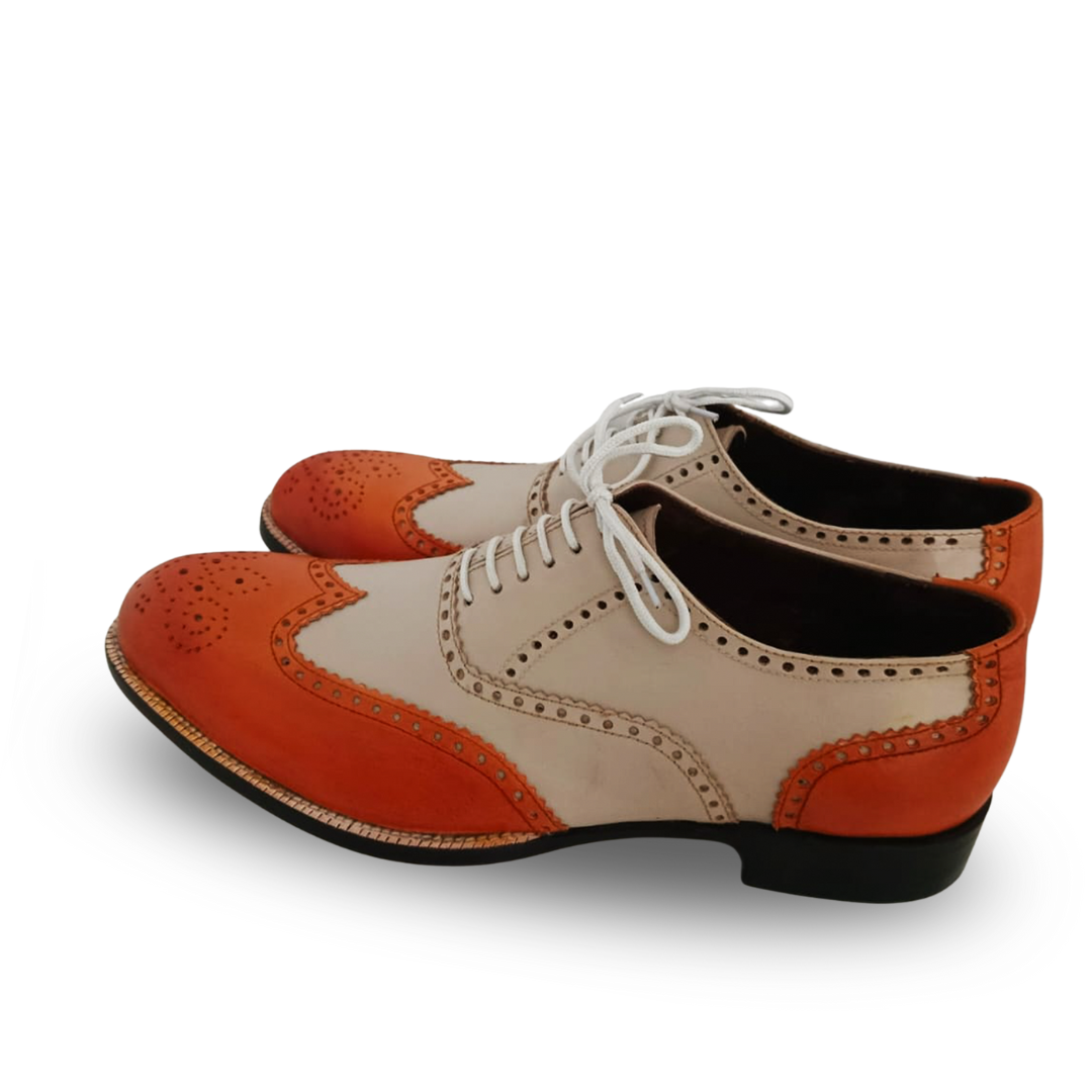 Handmade Two-Tone Orange & Cream Wingtip Oxford Shoes for Men
