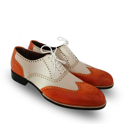 Handmade Two-Tone Orange & Cream Wingtip Oxford Shoes for Men