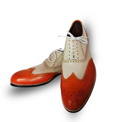 Handmade Two-Tone Orange & Cream Wingtip Oxford Shoes for Men