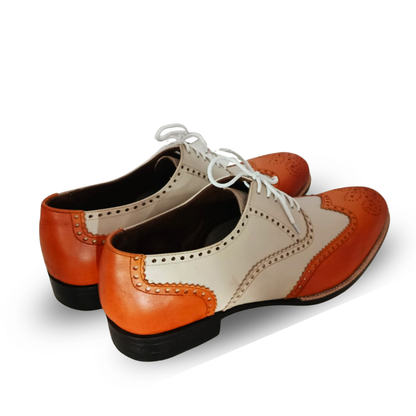 Handmade Two-Tone Orange & Cream Wingtip Oxford Shoes for Men