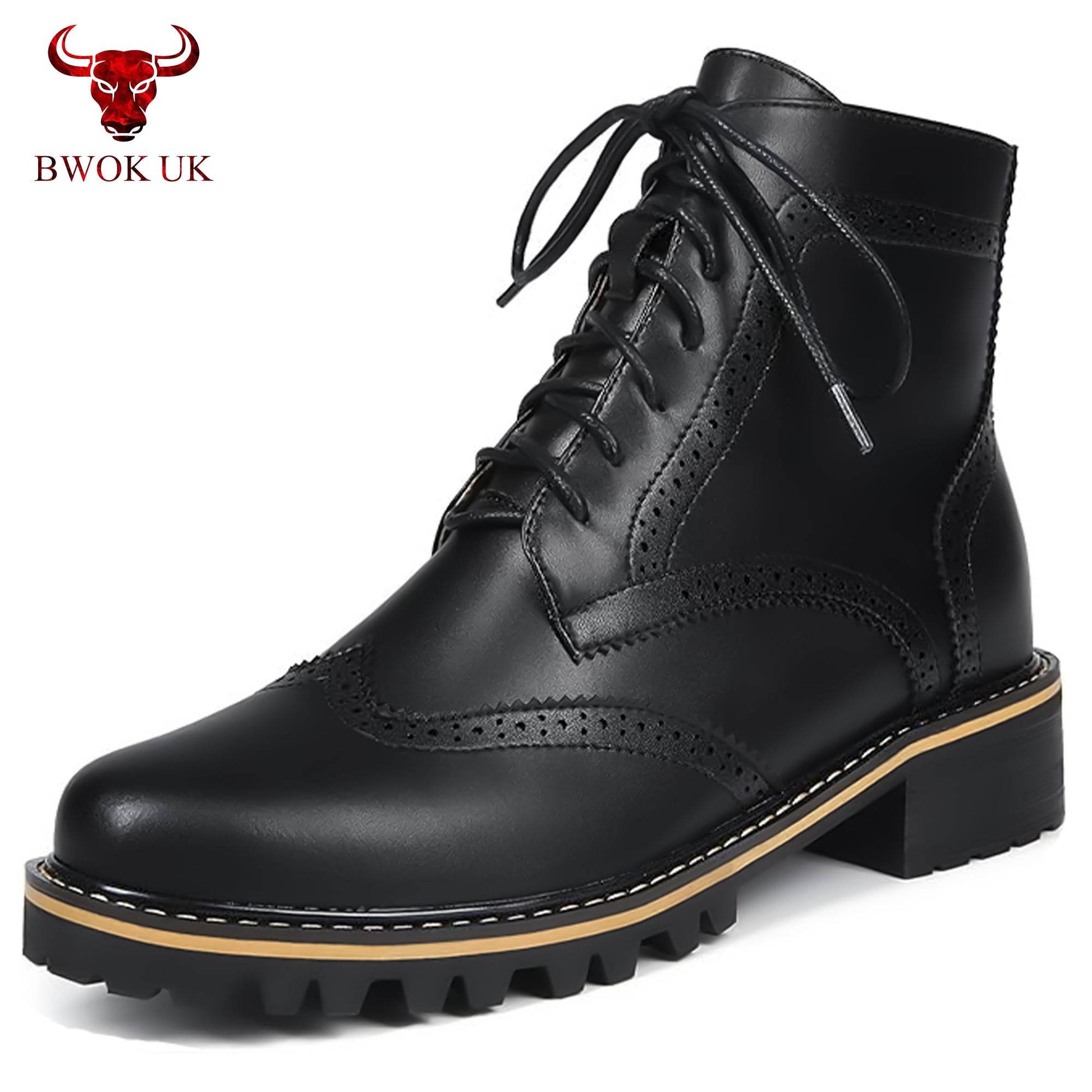 Black Leather Brogue Boots - Bwok limited