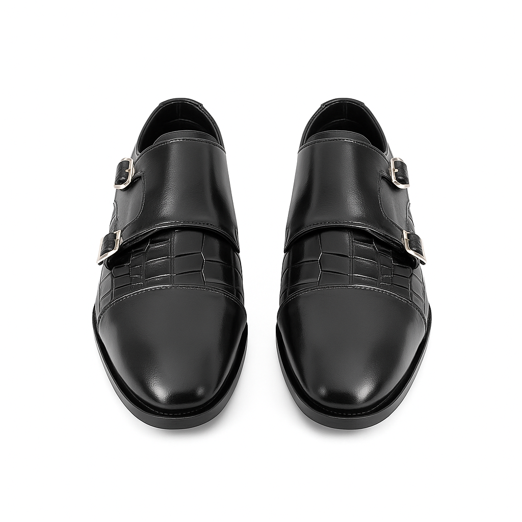 Handmade Black Crocodile Embossed Leather Double Monk Strap Shoes for Men