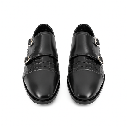 Handmade Black Crocodile Embossed Leather Double Monk Strap Shoes for Men