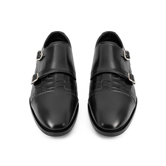 Handmade Black Crocodile Embossed Leather Double Monk Strap Shoes for Men