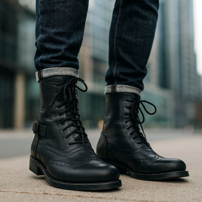 Classic Vintage Black Leather Lace-Up Boots