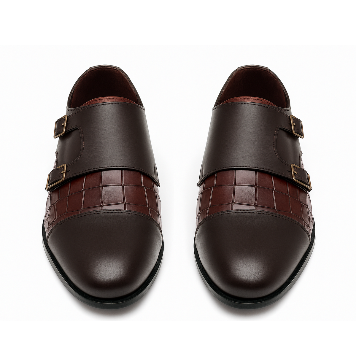 Handmade Brown Crocodile Embossed Leather Double Monk Strap Shoes for Men