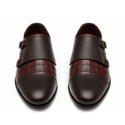 Handmade Brown Crocodile Embossed Leather Double Monk Strap Shoes for Men