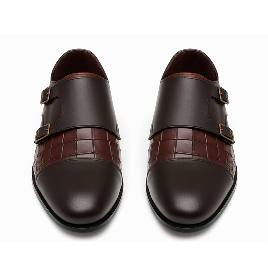 Handmade Brown Crocodile Embossed Leather Double Monk Strap Shoes for Men