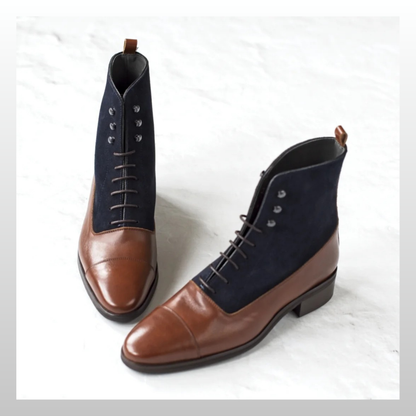 Women’s Two-Tone Leather & Suede Ankle Boots – Hazelnut Brown & Navy Lace-Up