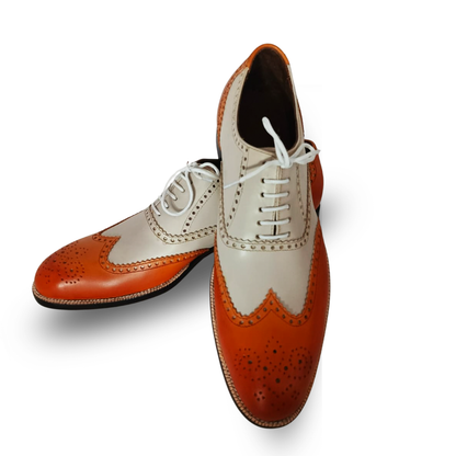 Handmade Two-Tone Orange & Cream Wingtip Oxford Shoes for Men