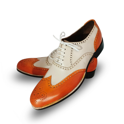 Handmade Two-Tone Orange & Cream Wingtip Oxford Shoes for Men