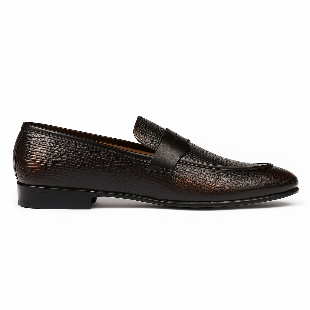 Handmade Brown Textured Leather Penny Loafers for Men