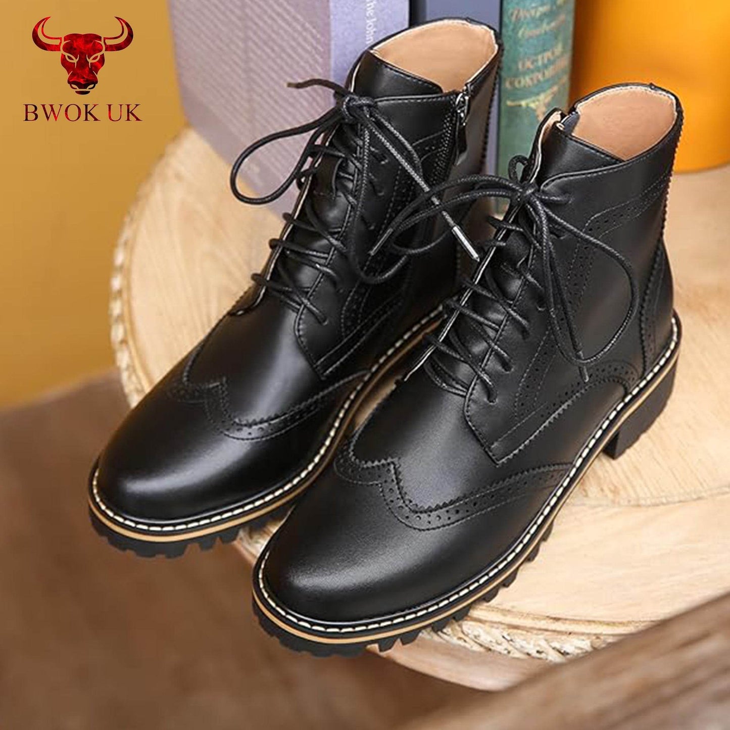 Black Leather Brogue Boots - Bwok limited