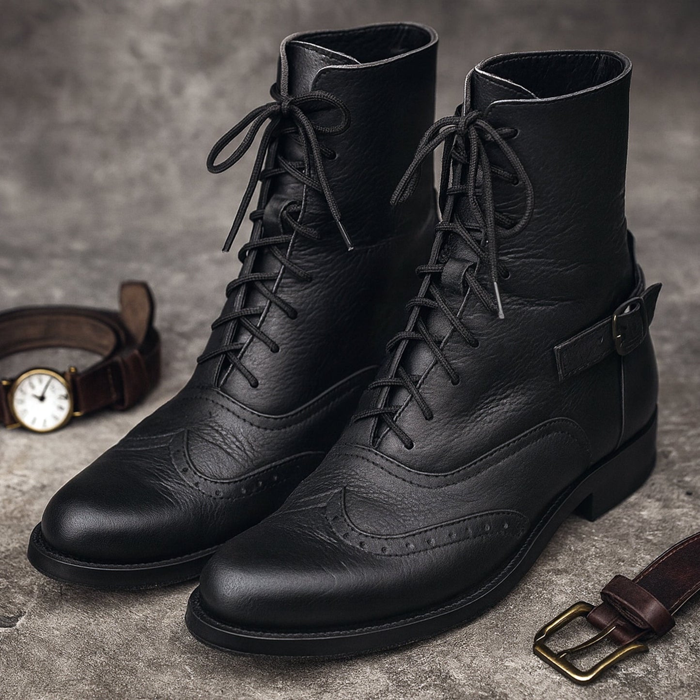 Classic Vintage Black Leather Lace-Up Boots