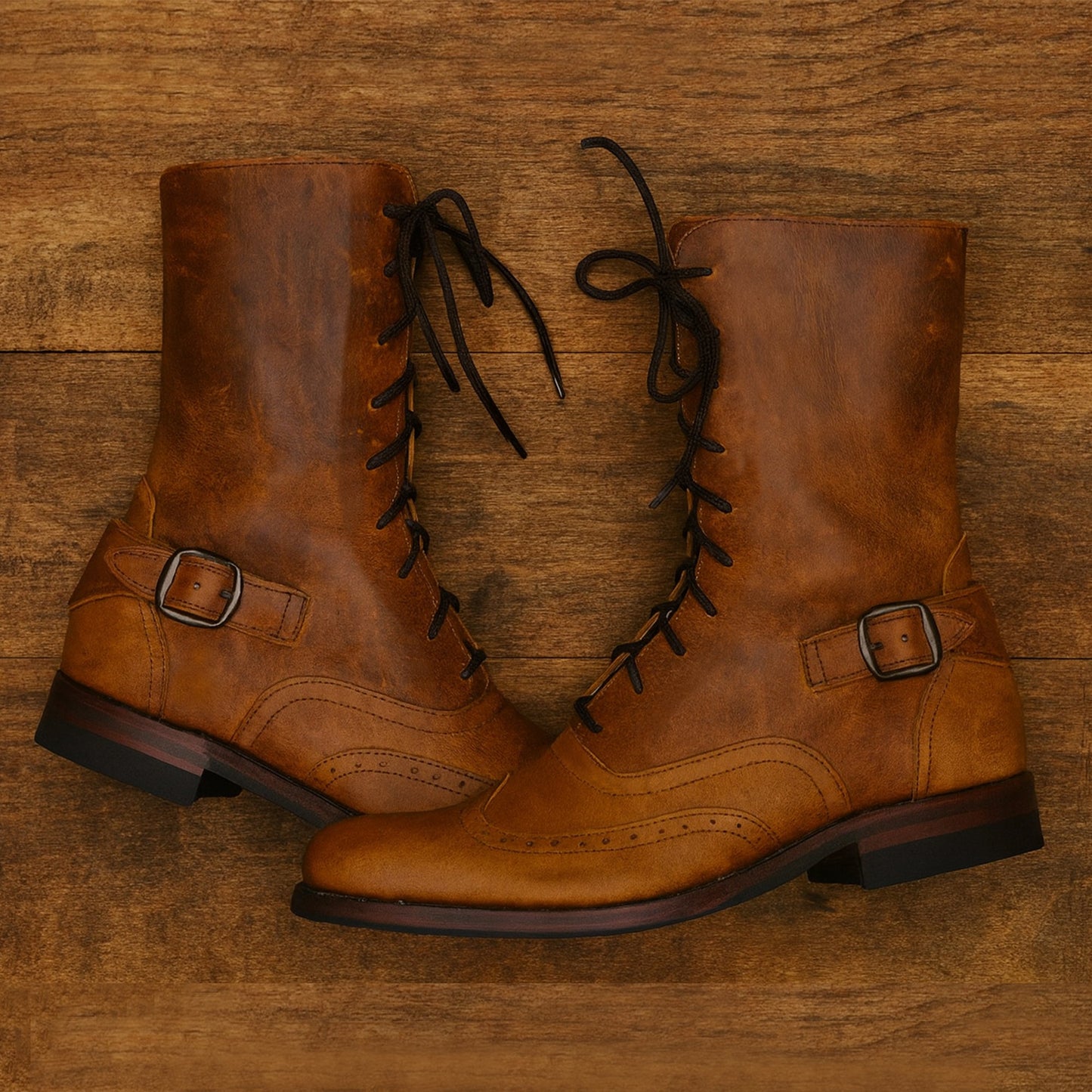 Classic Vintage Light Brown Leather Lace-Up Boots