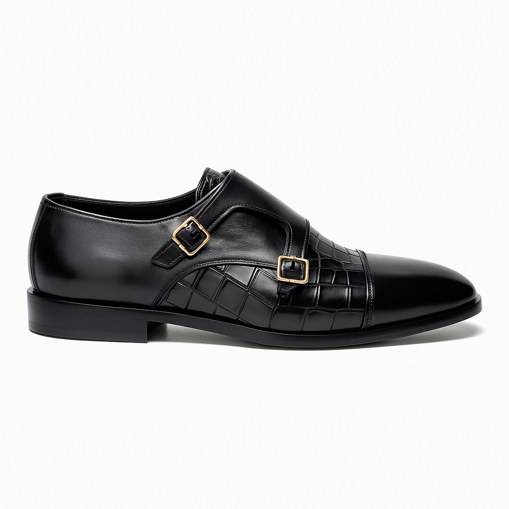 Handmade Black Crocodile Embossed Leather Double Monk Strap Shoes for Men