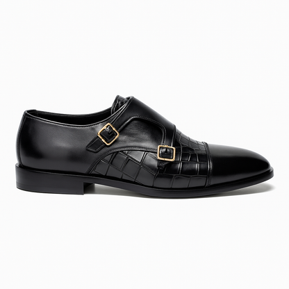 Handmade Black Crocodile Embossed Leather Double Monk Strap Shoes for Men