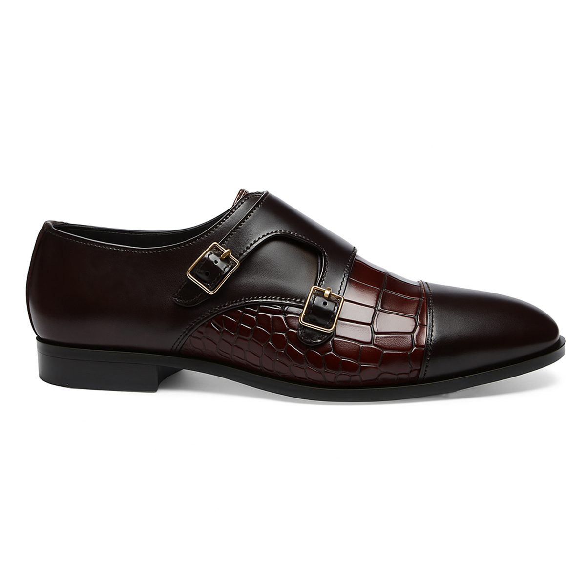 Handmade Brown Crocodile Embossed Leather Double Monk Strap Shoes for Men