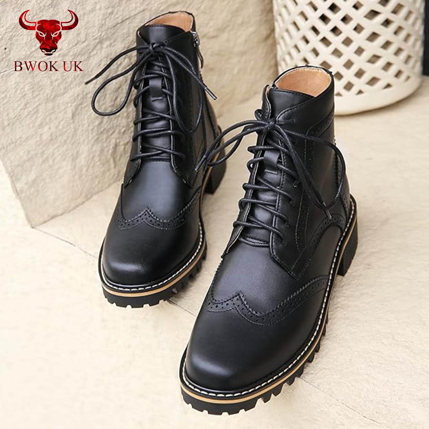 Black Leather Brogue Boots - Bwok limited
