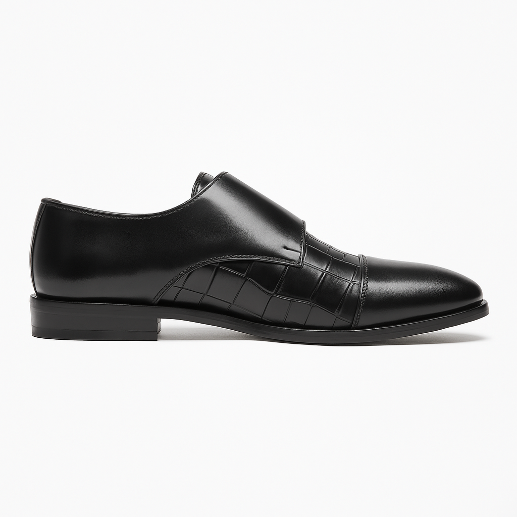 Handmade Black Crocodile Embossed Leather Double Monk Strap Shoes for Men