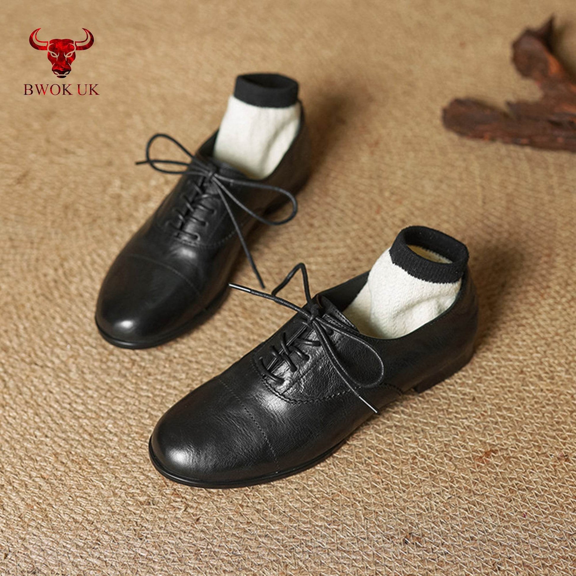 Black Leather Lace-Up Shoes - Bwok limited
