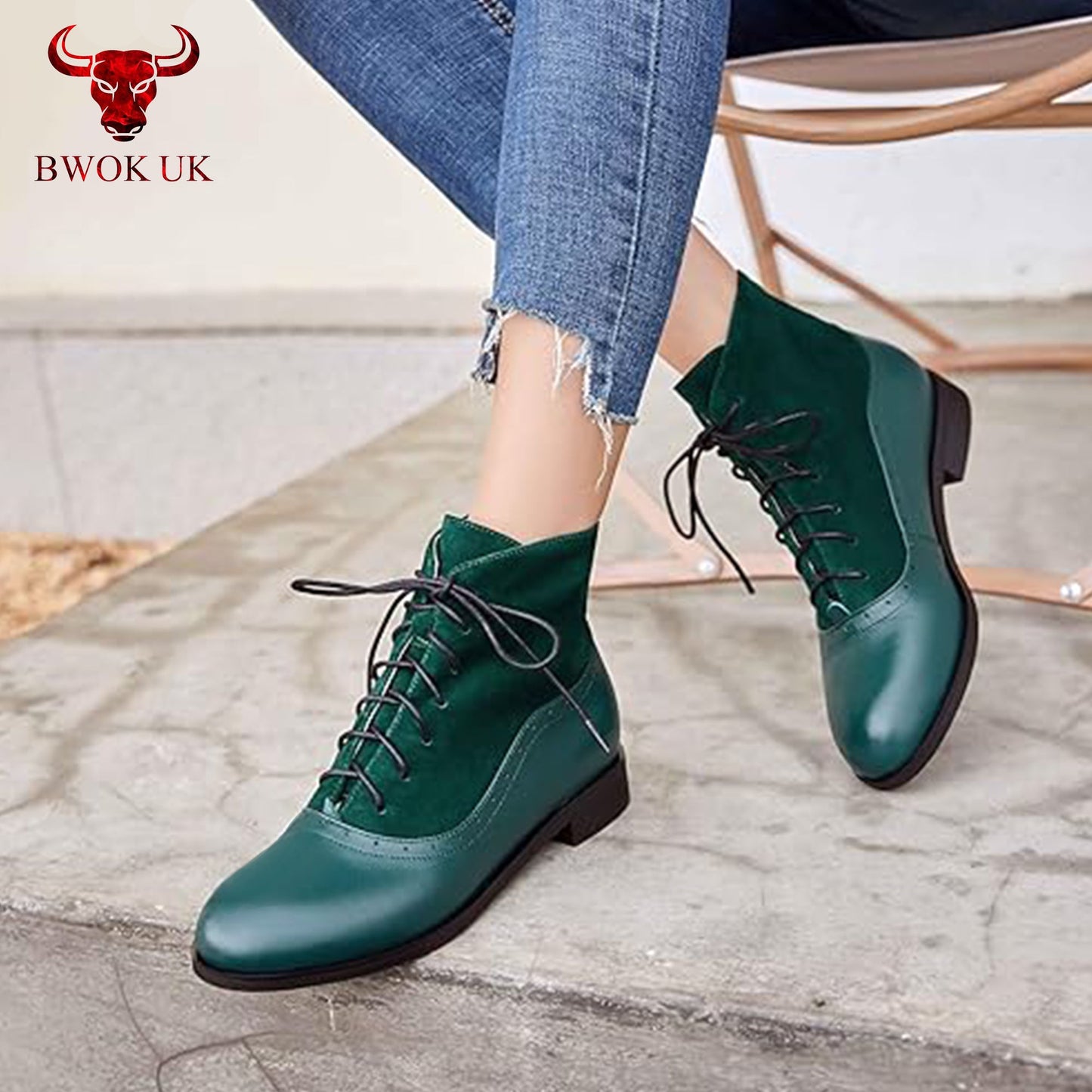 Women’s Green Leather & Suede Ankle Boots