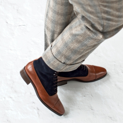 Women’s Two-Tone Leather & Suede Ankle Boots – Hazelnut Brown & Navy Lace-Up