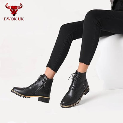 Black Leather Brogue Boots - Bwok limited