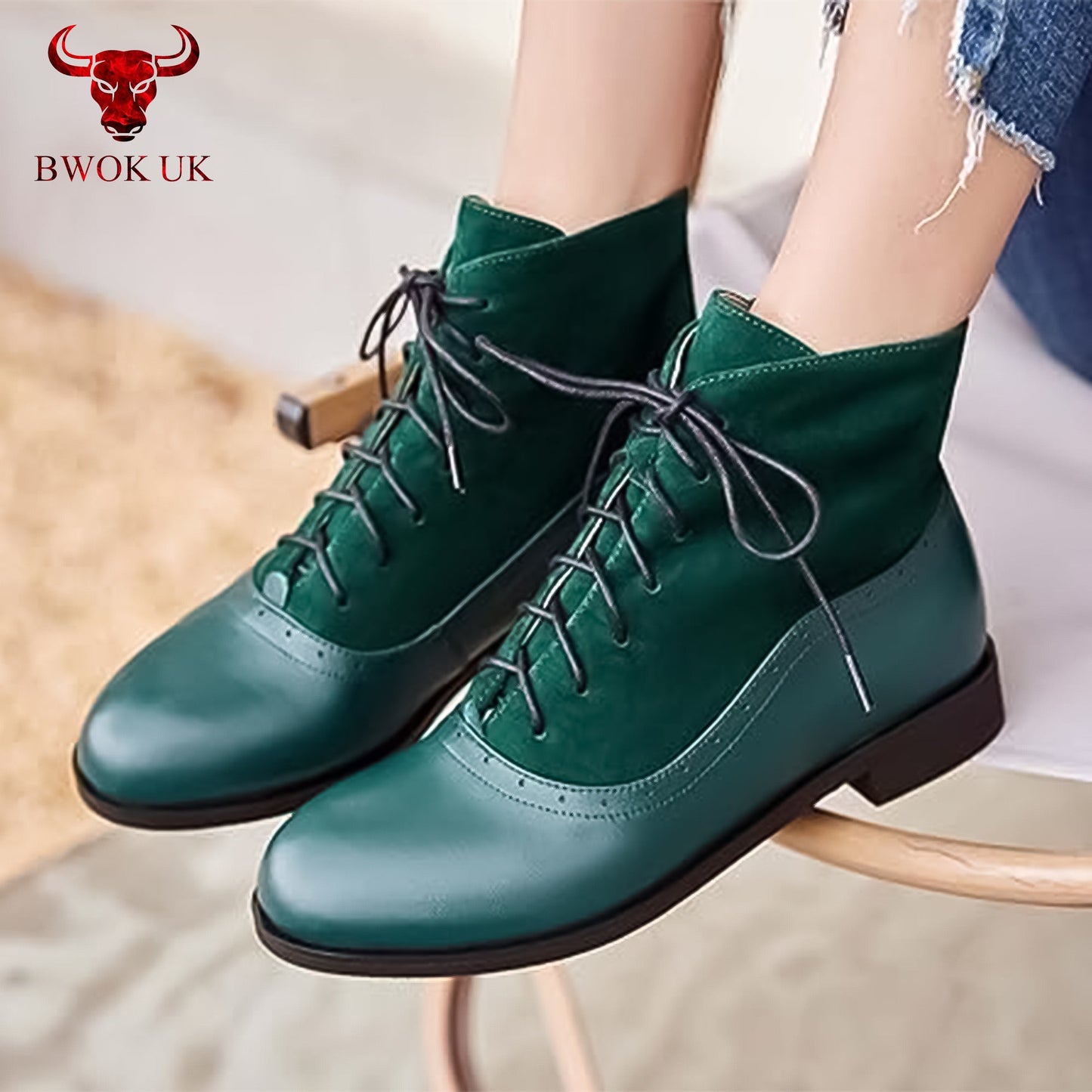 Women’s Green Leather & Suede Ankle Boots