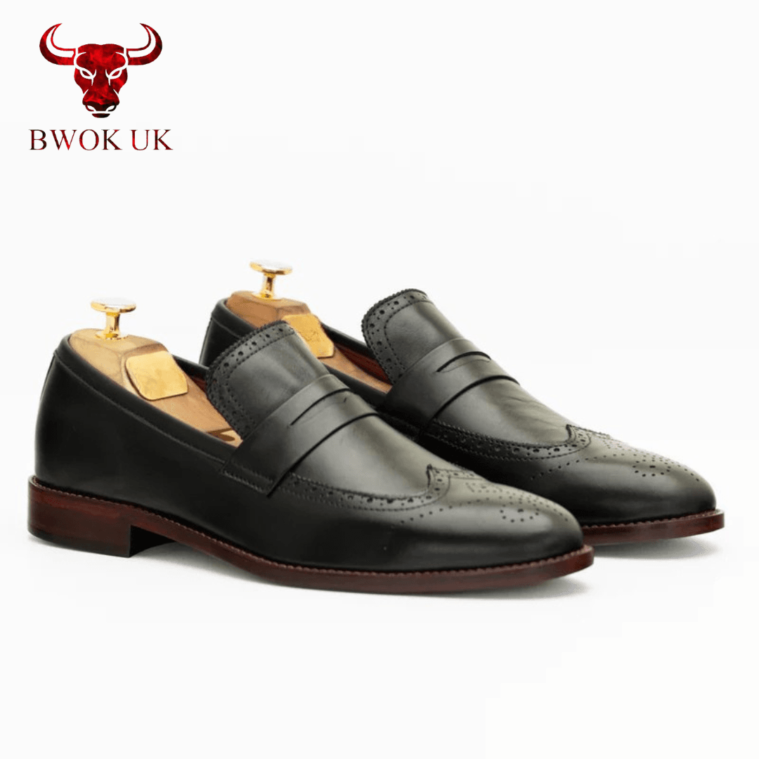 Black Leather Brogue Loafers - Bwok limited