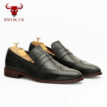 Black Leather Brogue Loafers - Bwok limited