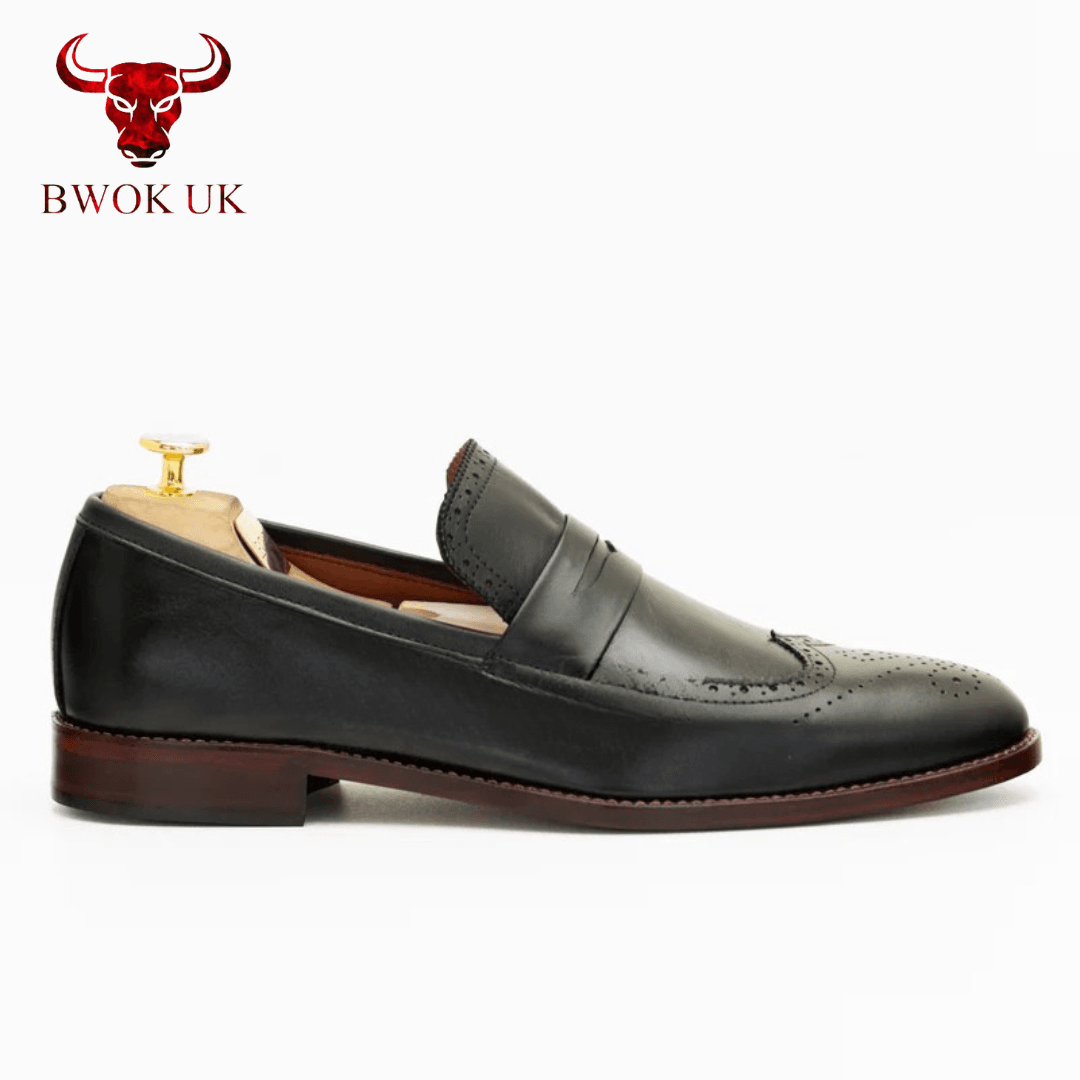 Black Leather Brogue Loafers - Bwok limited