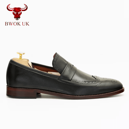 Black Leather Brogue Loafers - Bwok limited