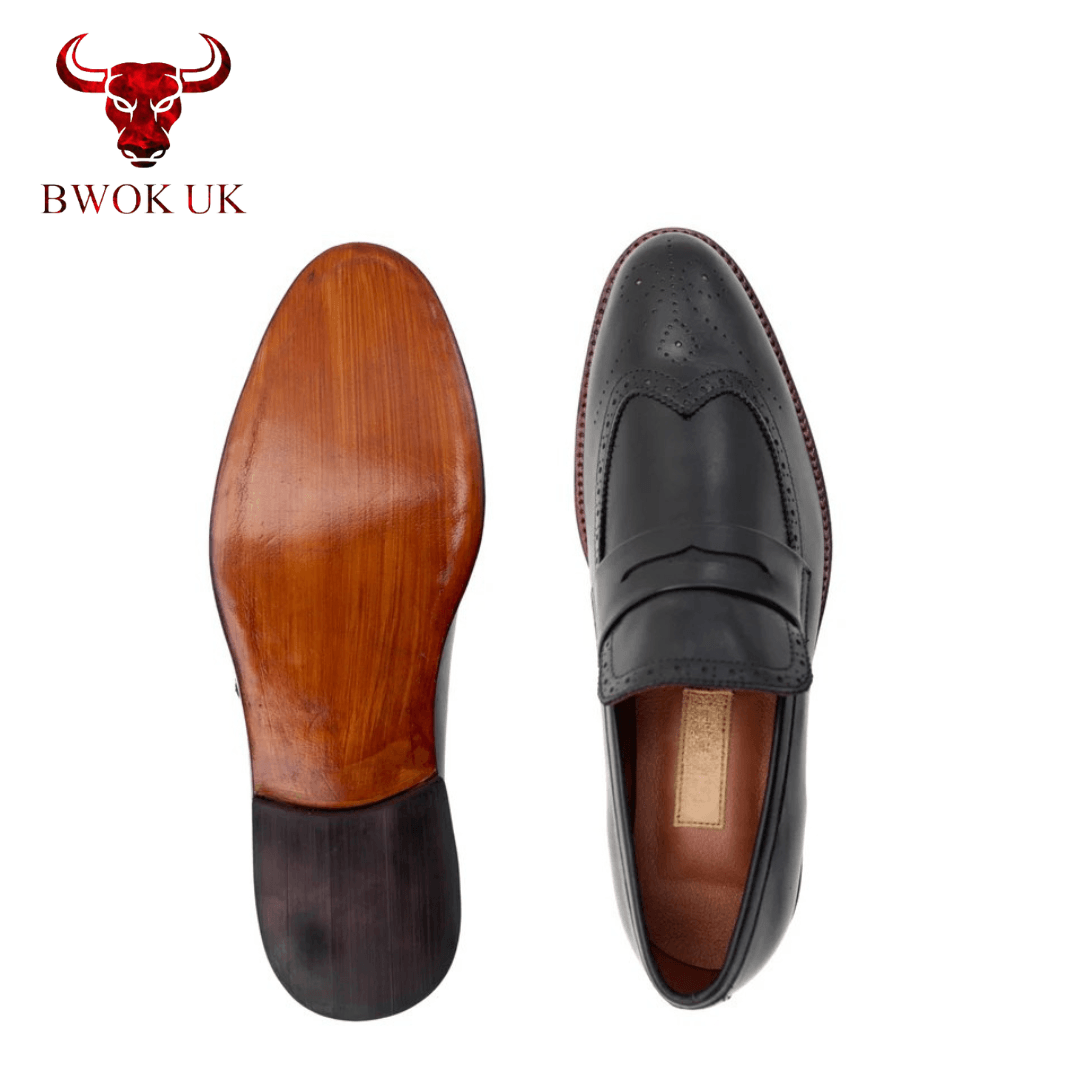 Black Leather Brogue Loafers - Bwok limited