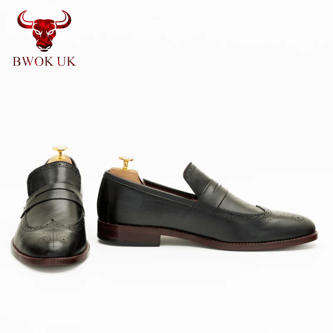 Black Leather Brogue Loafers - Bwok limited