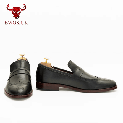 Black Leather Brogue Loafers - Bwok limited