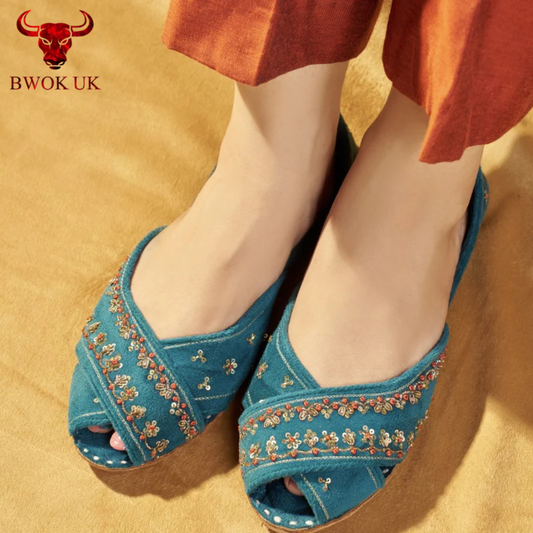 Handmade Embroidered Blue Flats