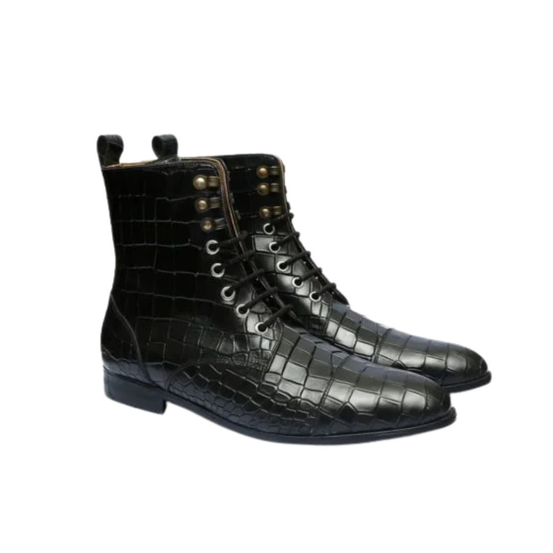 Embossed Lace-Up Boots