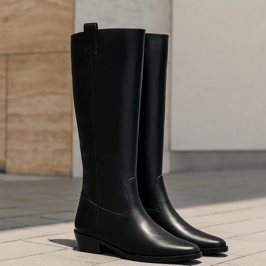 Black Leather Knee-High Boots - Bwok limited