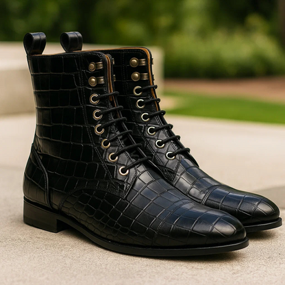 Embossed Lace-Up Boots