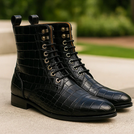Embossed Lace-Up Boots