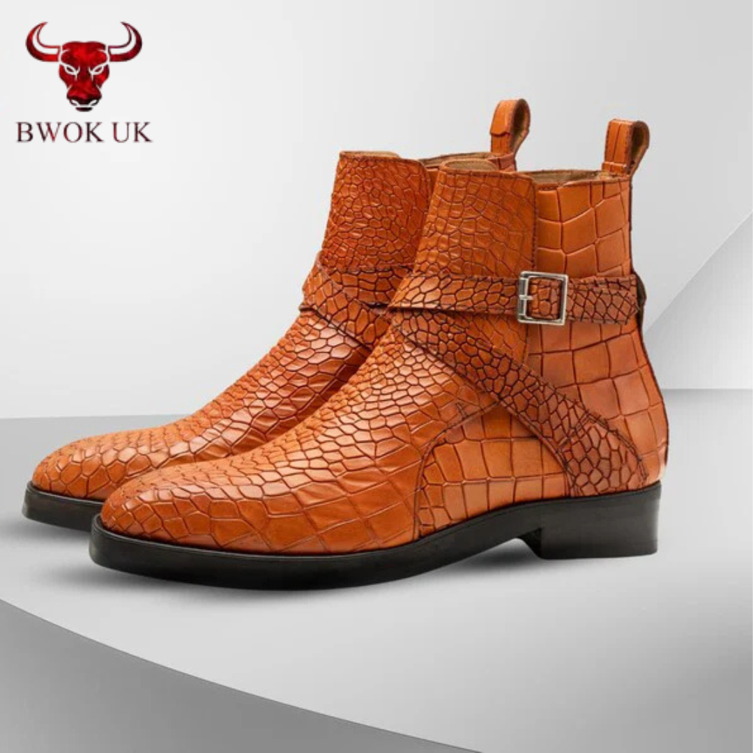 Cognac Croc Leather Boots