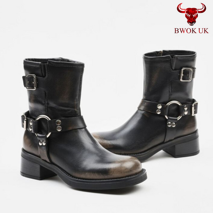 Handmade Black Leather Harness Boots