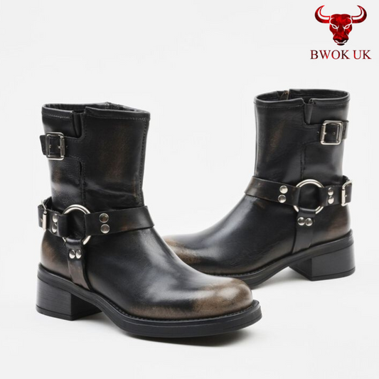 Handmade Black Leather Harness Boots