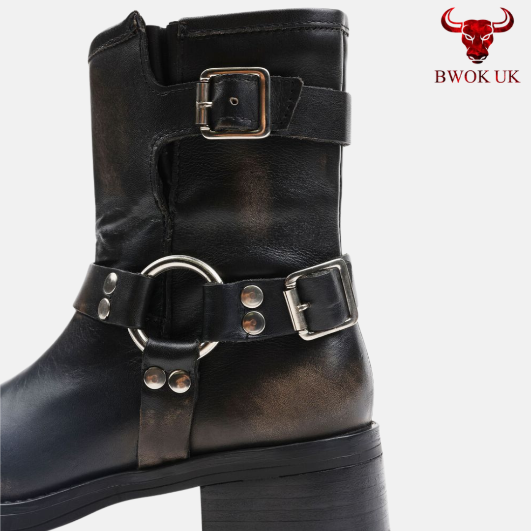 Handmade Black Leather Harness Boots