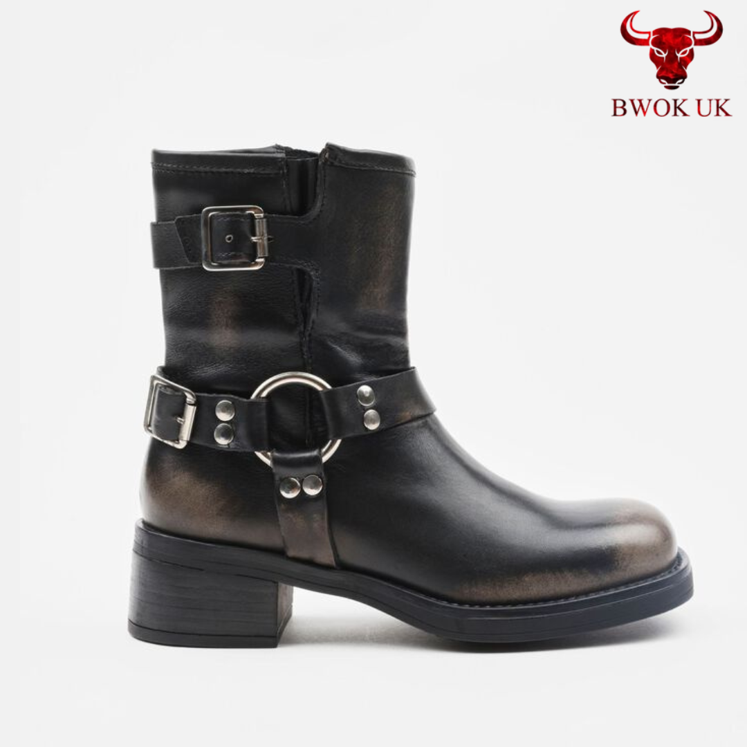 Handmade Black Leather Harness Boots